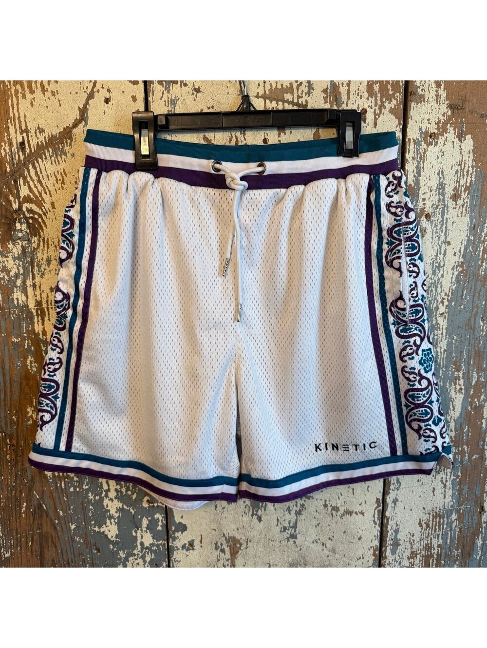 Kinetic Vintage Basketball Shorts White Purple Teal Paisley Mesh Retro Y2K Med
